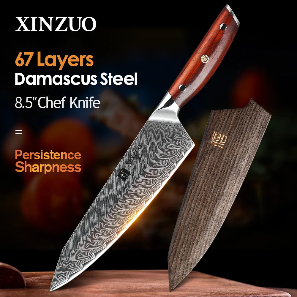 XINZUO 8.5 '' Chef Knife - Damascus Steel with Rose Wood Handle