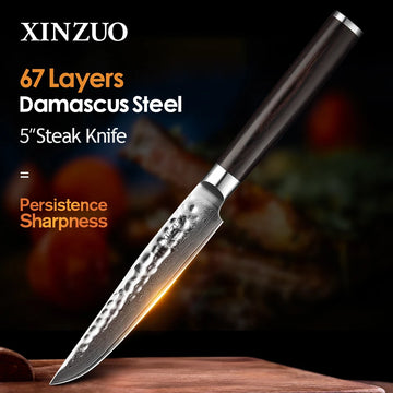 XINZUO 5" Steak Knife - Damascus Steel with Pakkawood Handle (Set of 1 or 4)