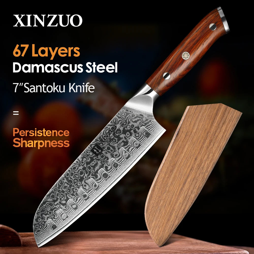 XINZUO 7'' Santoku - 67 Layers Damascus Steel Knife with Rosewood Handle