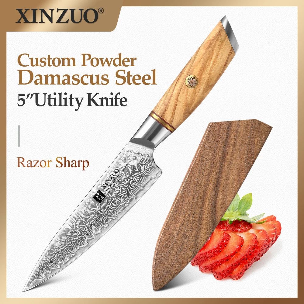 XINZUO 5" Custom Powder Utility Knife - Damascus Steel with Olive Wood Handle