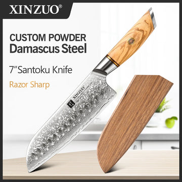 XINZUO 7'' Santoku Custom Powder Damascus Stainless Steel with Olive Wood Handle