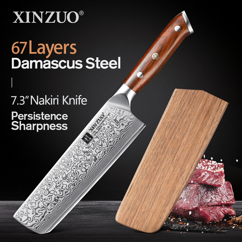 XINZUO 7.3" Nakiri Knife - Damascus Steel with Rosewood Handle