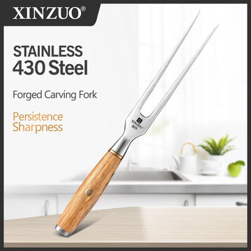 XINZUO Forged Carving Fork 430 Stainless Steel with Comfortable Wood Handle